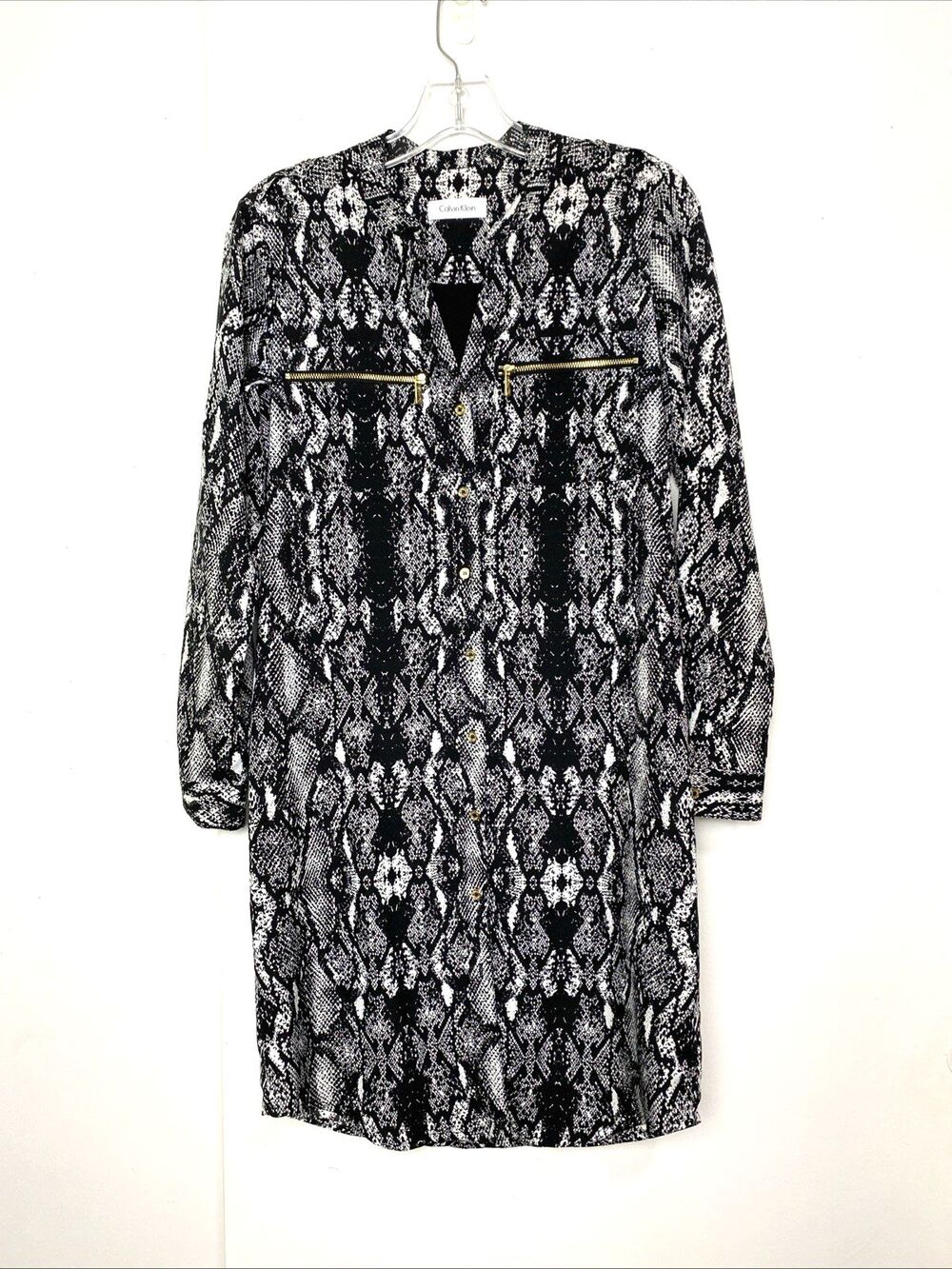 Calvin Klein Shirt Dress Women Size M Pencil V Neck Button Down Snake Print